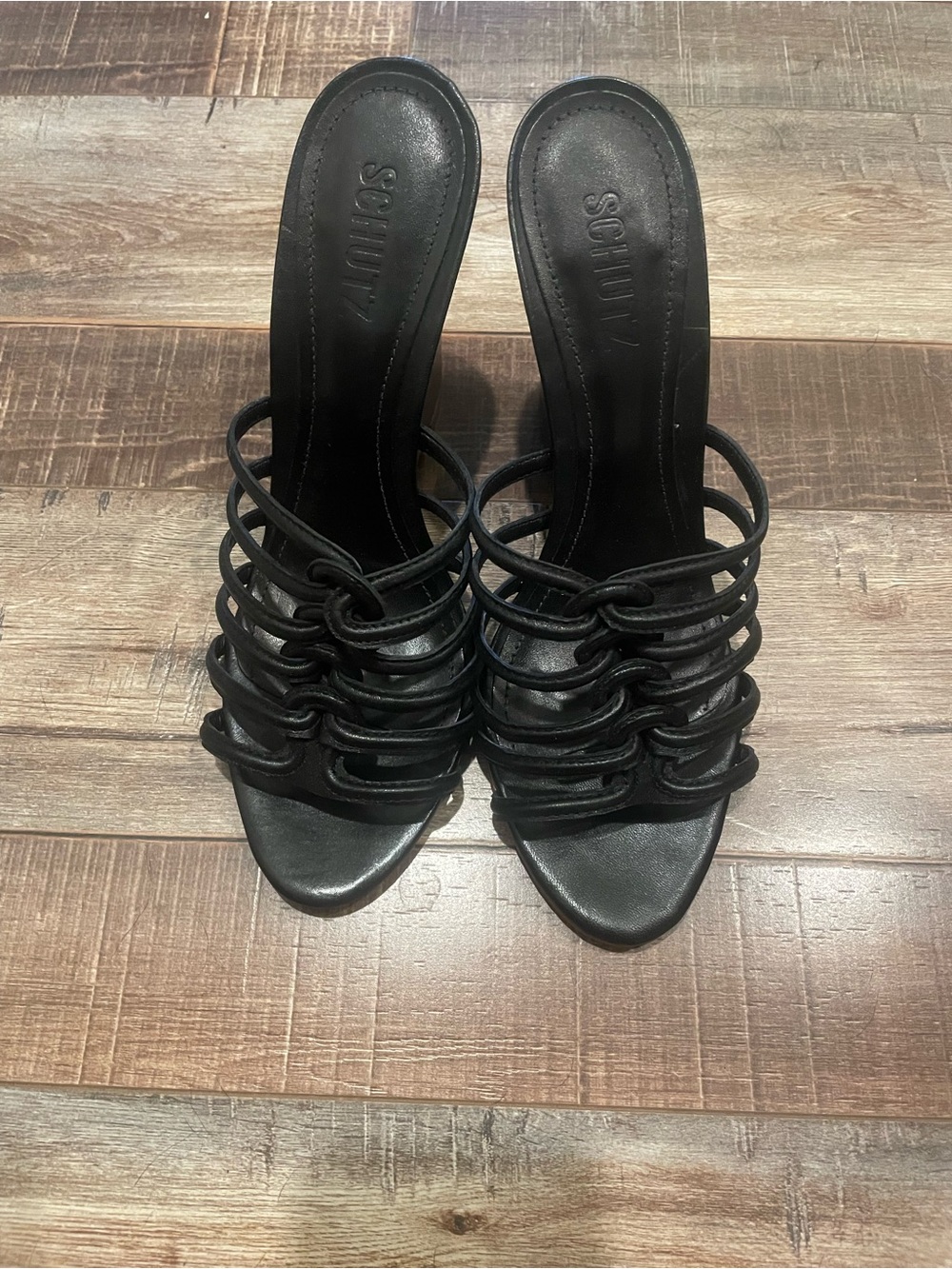 SCHUTZ Black Multi‑Strap Open‑Toe Mule Heels